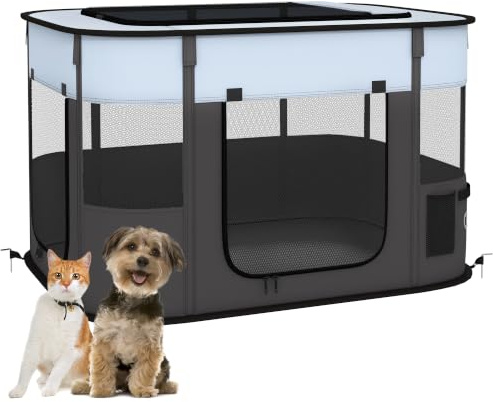 PawHut Dog Pen Pet Playpen for Puppies, Rabbits, 94 x 74 x 60cm Grey | Portable Foldable Dog Cat Playpen, Soft Pet Cage, Storage Bag, for Kittens, Guinea Pigs