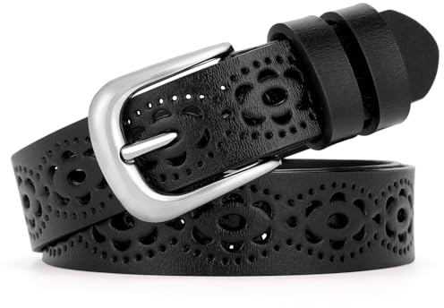 SUOSDEY Damengürtel Echtem Leder, Hohler Blumengürtel für Jeans Hosen Kleider Taillengürtel mit Dornschließe schwarz