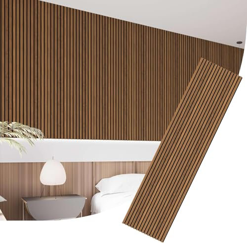 IZODEKOR Akustikpaneele Holz, 3D Akustik Wandpaneel - 4 Stück, 240x60cm - Wandverkleidung aus Holzleisten mit schalldämmender Filzpolsterung, Dekorative Wandpaneele aus Holz, MDF-Paneele | Walnuss