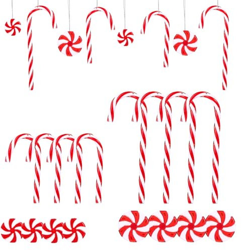 Naler 24 x Zuckerstangen Weihnachtsbaumschmuck Baumbehang Weihnachtsbaum Dekoration Anhänger mit Kordel Rot und Weiß