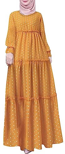 Halloween Dress Shirt for Men Dot Print Muslim Dress Long Sleeves Prayer Clothes Hijab for Women Color (a-Yellow, XL)