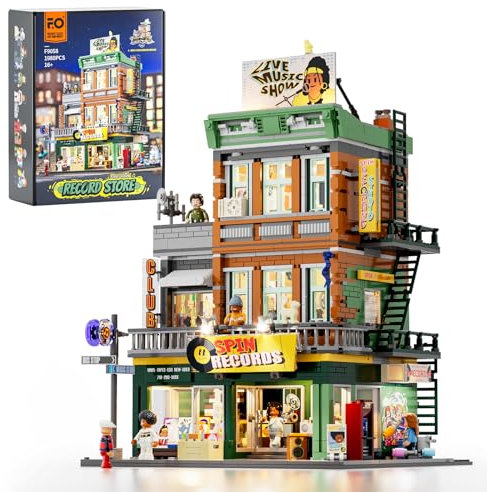 FUNWHOLE Tienda de Discos con Iluminación - Set de Ladrillos de Construcción Modular Multiforma de la Colección Street Fusion City Town, 1980 Piezas para Adultos, Adolescentes y Amantes de la Música