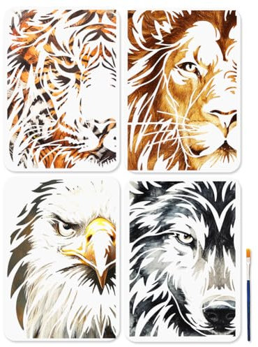 MAYJOYDIY 4 Pochoir A4 sur le Thème des Animaux Modèle pour Peinture Tigre Lion Loup Aigle 29.7 × 21cm avec Pinceau Réutilisable pour Travaux Manuels Sur Fenêtre Bois Mur Décoration D'Intérieur