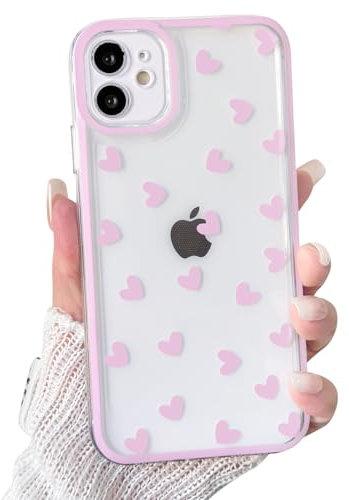 NITITOP Compatible with iPhone 11 Case Cute Clear Pink Durable Love Heart Pattern for Girls Women Soft TPU Transparent Colourful Frame Full Camera Lens Shockproof Protective Cover - Pink