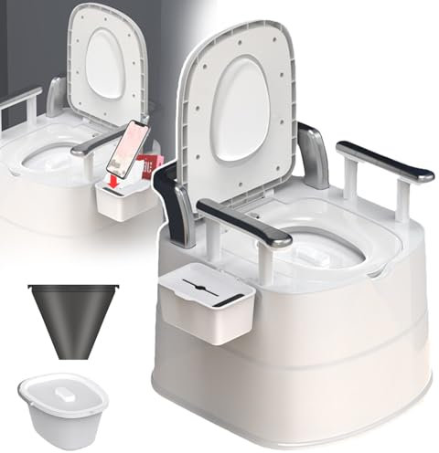 Portable Toilet Camping Porta Potty- 7L, Travel Toilet Potty Seat, Load: 200kg, Detachable Inner Bucket+ Easy to Clean, Double Cover Design/Anti-odor, with Handles, for Camping,hollow barrel,Grey