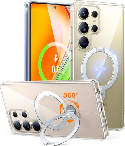 TORRAS Ostand Q3 Spin für Samsung Galaxy S25 Ultra Hülle (360° Magnetischer Robust Standring) TOP Militärschutz Stoßfest Kratzfeste Diamant-Klar Anti-Vergilbung Hülle S25 Ultra Case Transparent