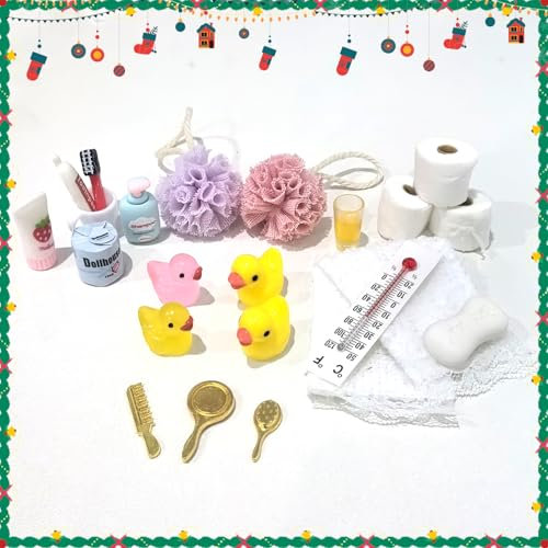 Wichtel Zubehör Set,15pcs Miniatur Wichtelzubehör Bade-Set für Wichteltür Weihnachten Deko und Puppenhaus, Wichtel Wasch Set Badeutensilien mit Mini Zahnpasta Zahnbürste Badeschwamm Ente (15 Stück)