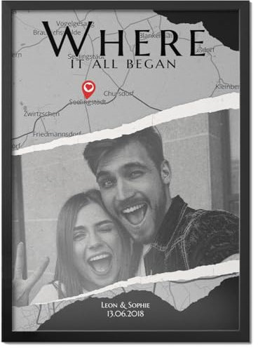 Pictalia - Personalisierter Fotorahmen für Paare Old School, Treffpunkt, Datum des Treffens, personalisierbares Foto und Text, Geschenk für Männer und Frauen, Valentinstag, Verliebte, Paar-Geschenk