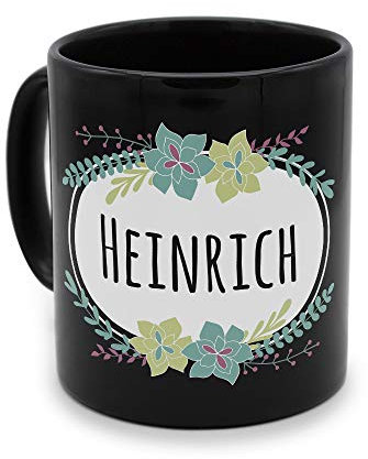 printplanet - Tasse Schwarz mit Namen Heinrich - Motiv: Flowers - Namenstasse, Kaffeebecher, Mug, Becher, Kaffeetasse