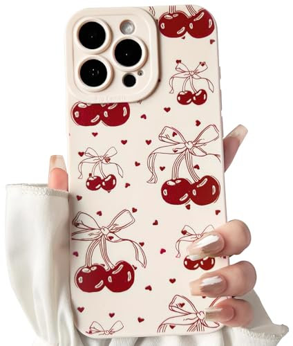 NITITOP Compatible with iPhone 16 Pro Max Case Cute Bowknot Cherry Pattern Little Heart for Women Girl Soft TPU Shockproof Protective Phone Cover Girly - White