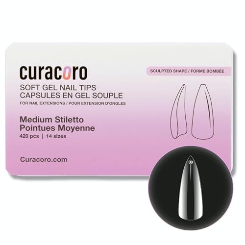 Curacoro Sculpted Nail Soft Gel Tips - 420Pcs Soft Gel Nail Extension Tips, 14 Sizes Clear Full Cover Fake Nails for Extension, Long-Lasting Salon Quality, Natural Look (Stiletto, Medium)