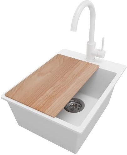 PRIMAGRAN Evier Cuisine en Granit Blanc 38x50cm, Lavabo 1 bac + Kit de Vidage + Robinet 32x20cm + Planche à Découper, Évier à Encastrer au meuble 40cm - Riga