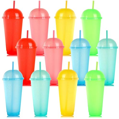 Lot de 12 Gobelets en Plastique Réutilisables pour Enfants, 700 ml Gobelet Paille avec Couvercles et Pailles, Gobelets de Fête 6 Couleurs Vives Idéal pour Café Glacé Smoothies Fêtes(Sans BPA)