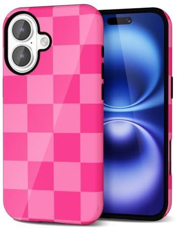 Svanove Checkered Phone Case for iPhone 16 Case Plaid Lattice, Girly Cute Case for Women, Aesthetic Checker Print Design, Slim Thin Hard Shell Plastic Glossy Cover, Hot Pink