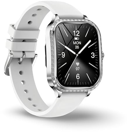 Reloj inteligente para mujer, pantalla de 1,75 HD, con correa blanca, esfera plateada de cristal, notificación SMS Whatsapp Messenger NFC -SOS – 2 pulsera Selicone y metal
