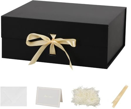 Große Geschenkbox, schwarz, 32 x 28 x 13,5 cm, leere Geschenkbox, Geburtstag, Hochzeit, magnetisch, 1 Stück (enthält Band, Seidenpapier, Umschläge und Karten)