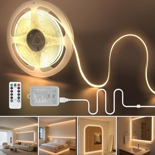 Clearhill 5V COB 320LED Strip with Battery Box and Remote Control,USB & Battery Powered (no Battery),6.56FT/2M,Warm White3000K,8 Modes,Dimmable and Timer,8mm Width,IP20,for Kitchen,Bedroom,Stairs