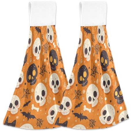 Juego de 2 toallas de mano decorativas de Halloween con diseño de calavera y telaraña, con bucles, para platos de baño, trapos
