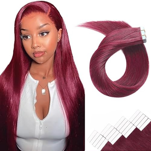 WuvuSnm Tape In Extensions Echthaar Human Hair Straight Invisible Extensions #99J Burgundy Color 22 Zolls 20 Pièces/70g Haarverlängerung Echthaar for Women Minimal Smell Low Shedding