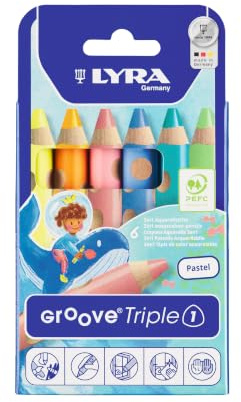 LYRA Groove Triple 1 Pastell 3in1 Stifte lackiert Kartonetui 6 Stk. | Holzbuntstift, Wachskreide, Aquarellstift, dreikant, Mine 10mm, ergonomischer Naturgriff