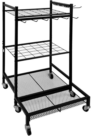 WYUEEEE Gartengerätehalter stehend, Organizer für Garage & Garten mit Rollen, 3-stufiges Werkzeug-Regalsystem aus, 30 Schlitze & 10 Haken für Schaufel, Spaten, Besen, inkl. Aufbewahrungshandschuhe