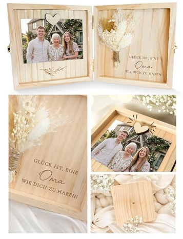 Joli Coon Oma Geschenk, Holzbox, 14 x 14 x 3 cm | Echte Trockenblumen, Magnet für Foto, Glück ist es eine Oma wie Dich zu haben, als Erinnerungsbox aufstellbar