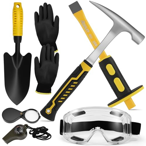 Yocdunm 7 Pcs Geology Rock Hammer and Chisel Kit, Hammer & Digging Chisel, Whistle, Shovel,Safety Glasses, Jewelers Loupe and Gloves, Rock Hounding Equipment Set for Hounding Stone Breaking