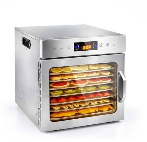 Deshydrateur Alimentaire en Acier Inoxydable avec 8 Plateaux, Déshydrateur pour Fruits, Légumes, Viande et Friandises pour Animaux, Température Réglable 35–90°C, Timer 24H, Livre de Recettes Inclus