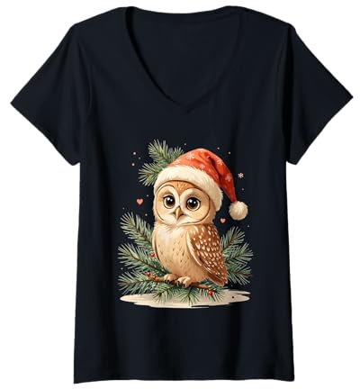 Damen Winterliche Eule mit roter Mütze auf Tannenzweig T-Shirt mit V-Ausschnitt