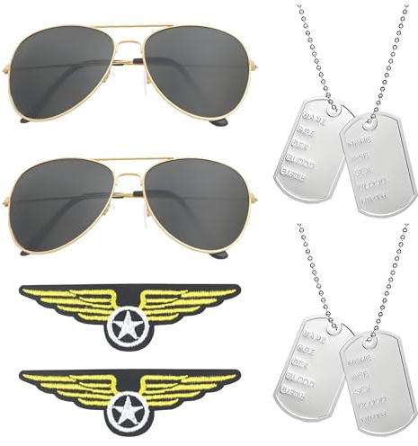 YOKJGHDO 6 Stück Top Gun Kostüm Set, Fliegerbrille, Pilotenbrille, Flieger Abzeichen, Erkennungsmarken, Fliegerbrille Fasching, Maverick Kostüm Zubehör, Karneval, Mottoparty, Cosplay
