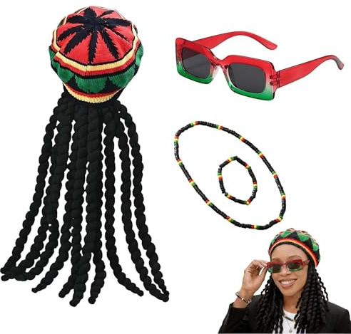 HUAEDNWKYI Jamaika Kostüm – Lustiger Hut mit Zöpfen, Sonnenbrille, Armband und Kette, Perfekt für Karneval, Halloween, Themenpartys und Cosplay