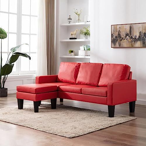 Hoopleep 3-Sitzer-Sofa, Rot, Kunstleder, mit Hocker, robustem Kiefernholzrahmen, bequemen Kissen, ideal für Wohnzimmer, modernes Design