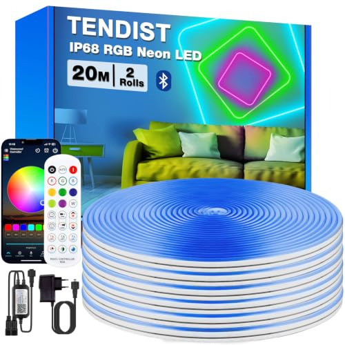 TENDIST RGB Neon LED Strip Wasserdicht, IP68 LED Streifen Aussenbereich Schlauch mit Bluetooth und Smart App, Outdoor Neon Light Flexible Musik Sync für Garten, Balkon, Terrasse (2 * 10M)