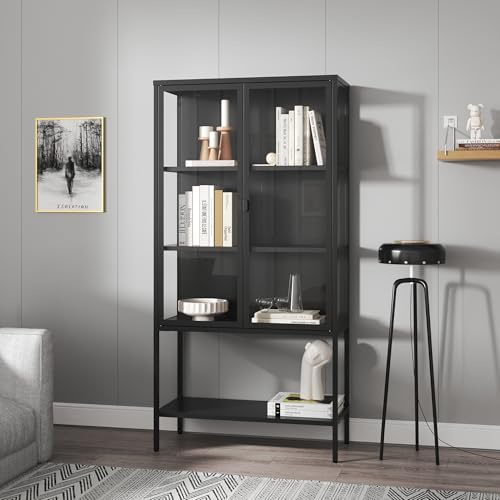 [en.casa] Vitrinenschrank Borshavisa Bücherschrank mit 3 Fächern untere Ablage 160 x 80 x 35 cm Küchenschrank mit 2 Glastüren Mehrzweckschrank Vitrine Metallschrank Schwarz