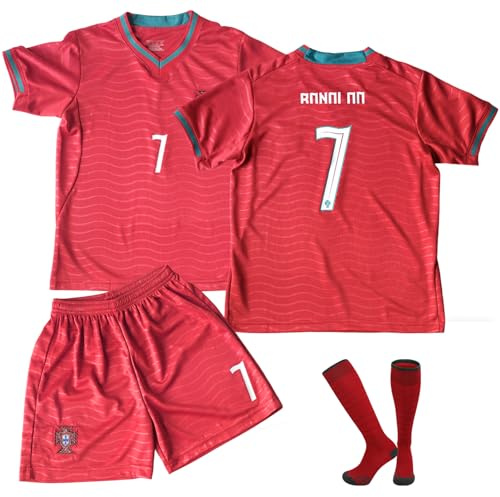 Oirigaga Fussball Trikot Kinder Set, WM 2026 Heim Nr.7 Trikot für Jungen und Mädchen von 6-7 Jahren, Atmungsaktives und Schnelltrocknendes Fußball-Trainingstrikot mit Kurzarm Shorts Socken, Rot Grün