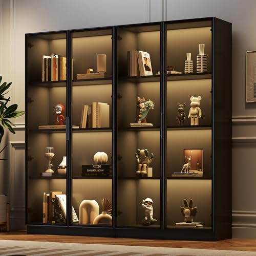 Glasvitrine mit App-gesteuerter LED-Beleuchtung – Vitrinenschrank mit 4 Alurahmen-Glastüren & verstellbaren Böden, Standvitrine Hochschrank in Schwarz – Highboard, Sammlervitrine, 160x40x160 cm