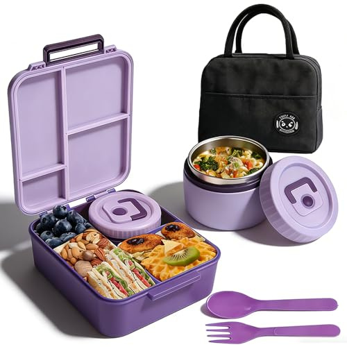Lunch Box for Kids with Bento Box Bag Stainless Steel Soup Jar and Cutlery, Leak-Proof Kids Lunch Box 4-Compartments Freezer & Microwave Dishwasher Safe for School Office Have a Picnic - Purple