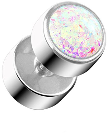 beyoutifulthings Fake-Ohr-Plug Glitzer-Opal Optik Ohr-Piercing Ohr-Schmuck Chirurgenstahl Schraub-Verschluss Weiß Kugel 8mm