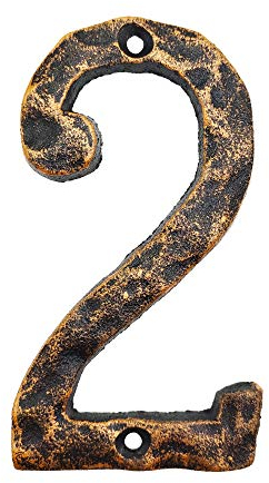 Hausnummern, rustikale Hausnummer aus Gusseisen, mit einzigartigem gehämmertem Aussehen mit ungleichmäßigem antikem Messing-Finish, Nummer 2, 14 cm