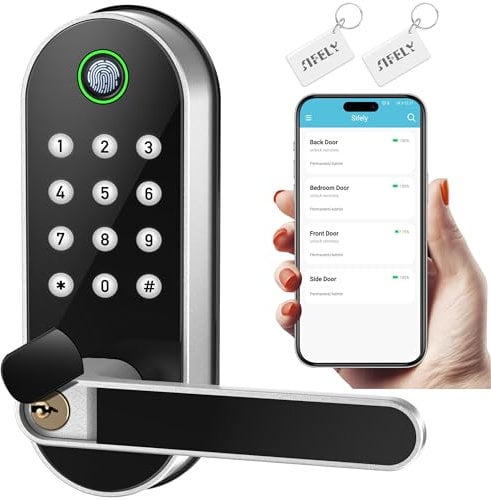 Sifely Serrure de porte d'entrée sans clé, serrure de porte à clavier, serrure de porte sans clé, serrure de porte à empreintes digitales, serrure de porte biométrique, serrure de porte d'entrée à