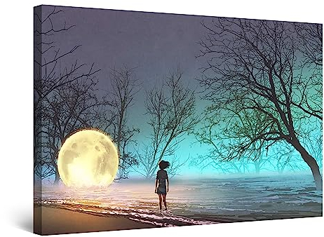 Startonight Bilder Mädchen Mond Wasser und Bäume Fantasie - Leinwandbilder Moderne Kunst - Abstrakte Wanddeko Kunstdrucke, Wandbilder Schlafzimmer 60 x 90 cm, Tag Nacht Effekt, Elegante Geschenkidee