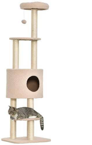PawHut Arbre à Chats avec Griffoir Niche Poteaux Peluche Haute Densité 45L x 40L x 148H cm Beige