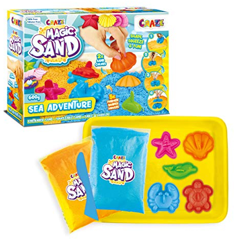 CRAZE MAGIC SAND Aventures Marines Sable cinétique 600 g Sable magique enfant avec 6 moules & bac à sable Sable à modeler Atelier créatif enfant SMART SAND 28605