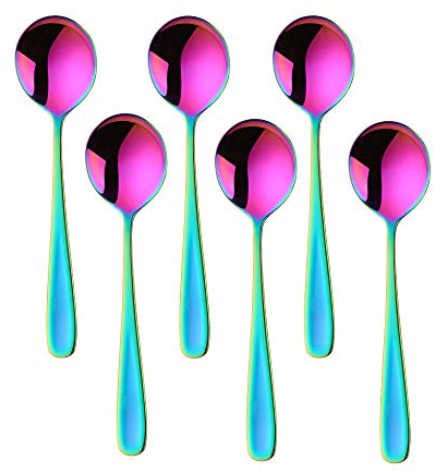 BISDARUN Round Soup Spoons Set of 6 Rainbow Dinner Spoons 18/10 Stainless Steel Iridescent Table Spoons 17.5 cm Length, 4.5 cm Width
