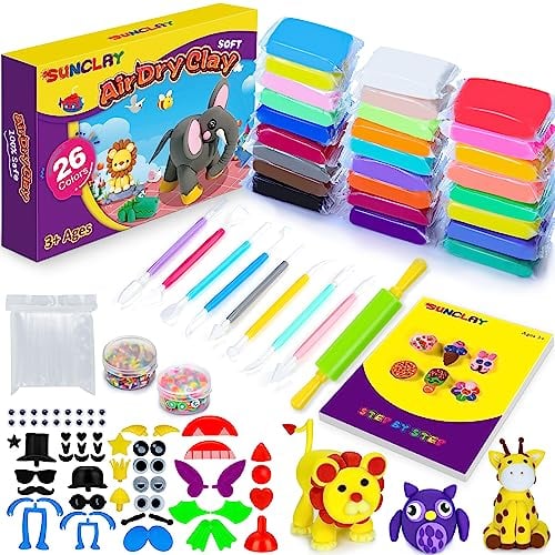 SUNCLAY Modelliermasse Lufttrocknend - 26 Farben Knete Lufttrocknend mit 80 Seiten Anleitungsbuch 14 Stück Zubehör Magic Clay Spielzeug Geschenke für Kinder Jungen Mädchen ab 3 4 5 6 7 8-12 Jahre