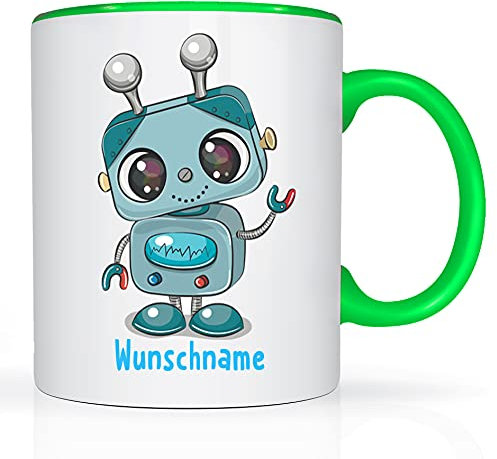 Print-Klex Tasse mit Namen und Roboter Kind Motiv Bedruckt Namenstasse Robo Tasse für Jungen Kindertasse Keramiktasse Weiß/Grün Geschenkbecher Spruchtasse Keramik mit Druck Kinder Tasse 330ml