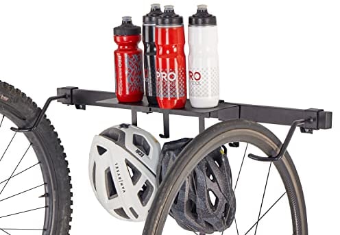 PRO BIKE TOOL Indoor Bike Rack and Shelf - Indoor Sliding Wall Mount for 2 Bicycle with Accessories Shelf for Home or Garage - Heavy Duty Hook and Shelving System - Vertical Hanger for Road or MTB