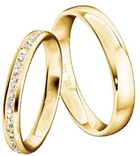 JC Trauringe Gold 333 Paarpreis Poliert I Einzigartige Partnerringe Gelbgold mit Gravur in edler Schatulle I 2 Hochzeitsringe Damenring mit Vollkranz Zirkoniasteinen & Herrenringohne I ICT22