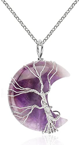 Collier pendentif enroulé de fil d'arbre de vie, pendentif de croissant de lune de Reiki, pendentif de pierres précieuses naturelles d'enveloppe de fil fait à la main pour les femmes, Cristal