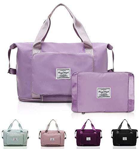 QLFJ-FurDec Faltbare Reisetaschen mit großem Fassungsvermögen, leicht und dehnbar, wasserdicht, geeignet für Wochenenden, Nacht, Urlaub, Shopping, Fitnessstudio, Hellviolett